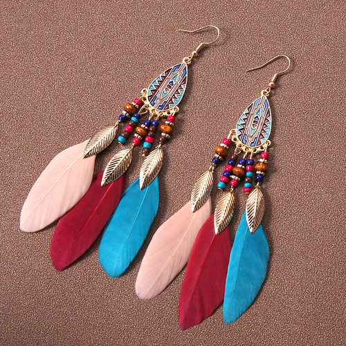 Water Drops Tassel Feather Earrings Women's Long Bohemian Ri