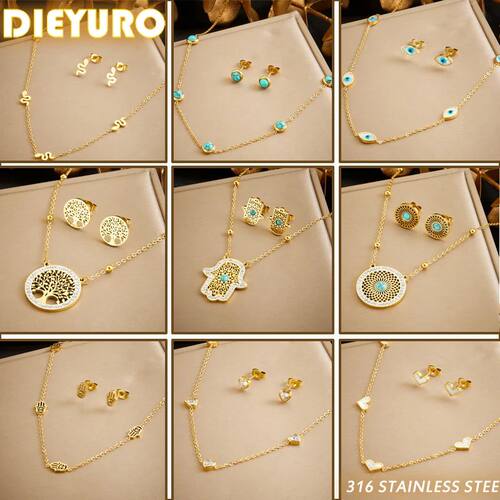 316L Stainless Steel Tree of Life Turquoise Golden Necklace