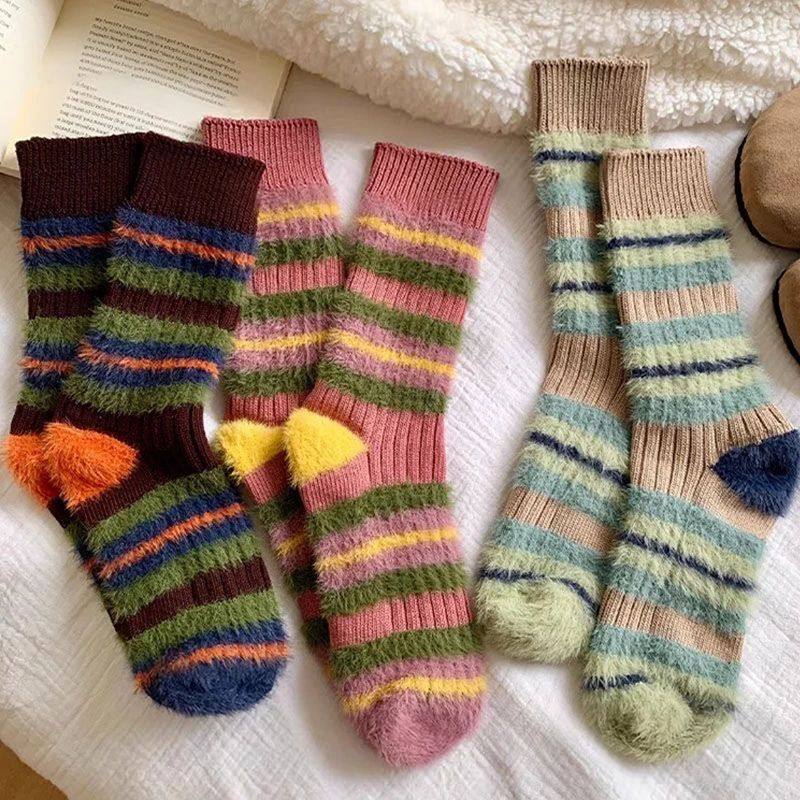 Colorful Striped Socks Women Autumn Winter Mink Fleece Floor