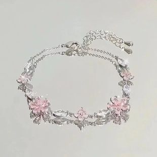 Shiny Pink Crystal Cherry Blossom Bracelets For Women Girls