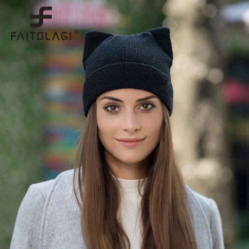 Cute Cat Ear Beanie Winter Warm Knitted Hat Soft Wool Croche