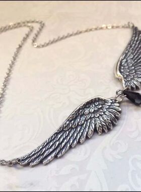 Angel Wings Feather Black Beads Pendant Choker Vintage Neckl