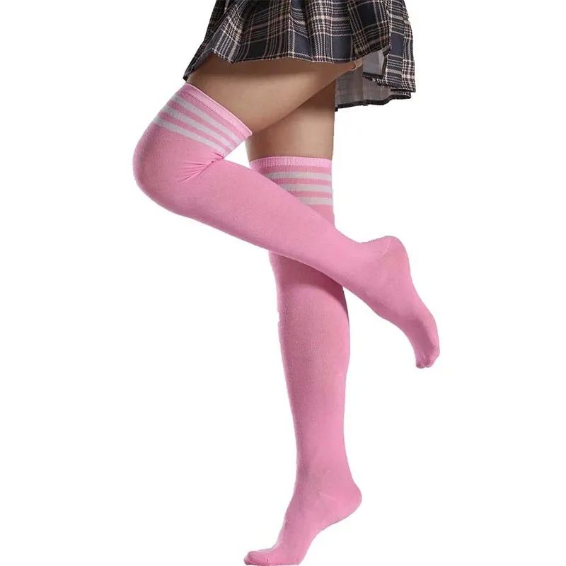 JK Woman Cosplay Stockings Pink White Strips Lolita Long Soc
