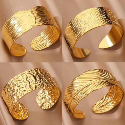 Stainless Steel Wide Bangles for Women Luxury Gold Color Ope