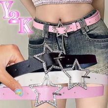 Y2K Star Buckle Belt Pink Leather Elastic Binding Embellishe