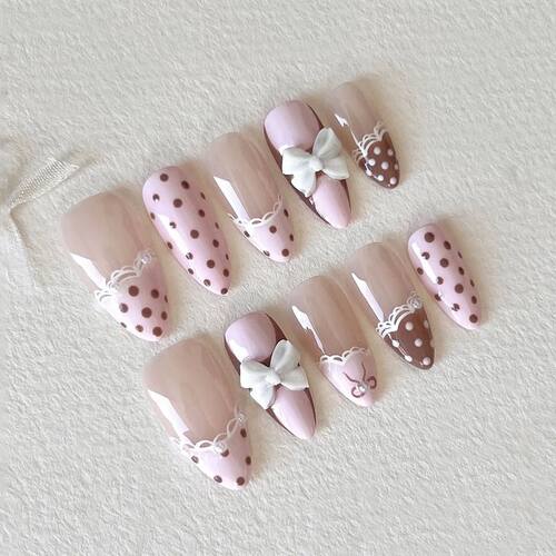 24Pcs Mid-length Almond Fake Nails Pink Brown Polka Dot Lace