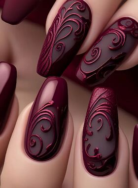 24PCS Gothic False Nails Dark Red Vine Pattern Medium Coffin