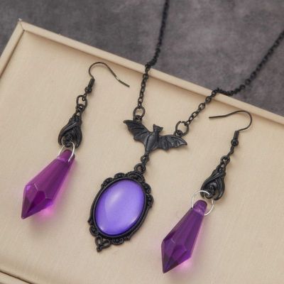 Personalized Creative Purple Oval Bat Pendant Necklace Earri