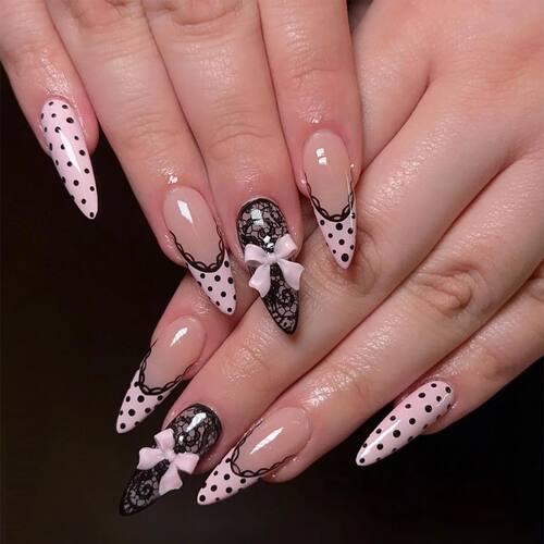 24pcs Black Polka Dot Lace Design False Nails Sweet Cool Pin
