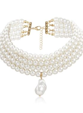 Classic Layered Strand Round Pearls Beads Collar Choker Neck