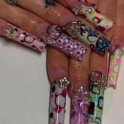 24pcs Long French Square Press on Nails Colorful Fake Nails