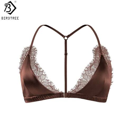 Birdtree 93% Silk 7% Spandex Women Lace Bra,Wireless Pitted