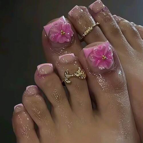 24Pcs Short Square Head French Fake Toenails with 3D Flower