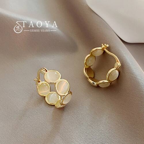 2025  Design Sense White and Green Opals Round Hoop Earrings
