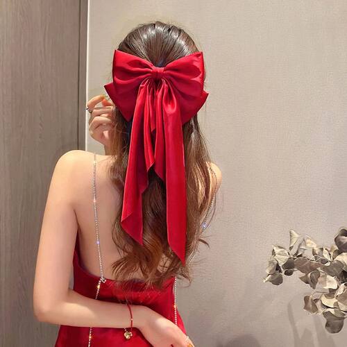 Large Satin Bow Hair Clip Elegant Red Samer Ponytail Hairpin