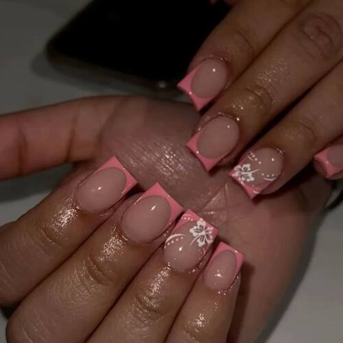 Pink French Style False Nails White Flower Printed Short Squ