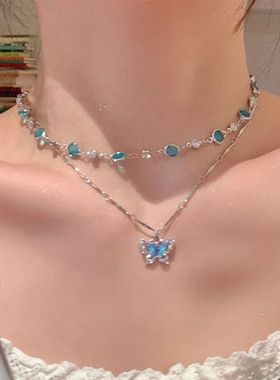 Romantic Blue Crystal Butterfly Necklace for Women Girls Sim