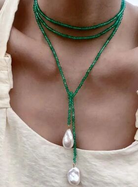 Vintage Green Crystal Pearl Pendant Necklace for Women Fashi