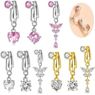 Faux Fake Belly Piercing Butterfly Heart Dangling Long Fake