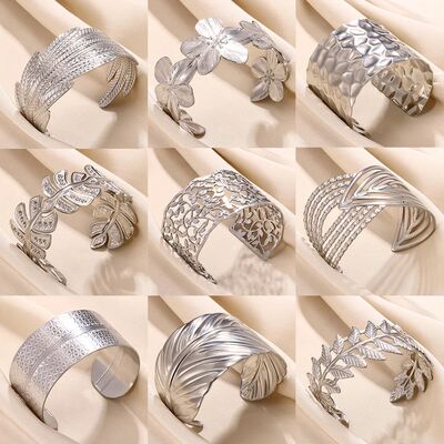 Silver Color Leaf Wide Cuff Bangles For Women Stainless Stee