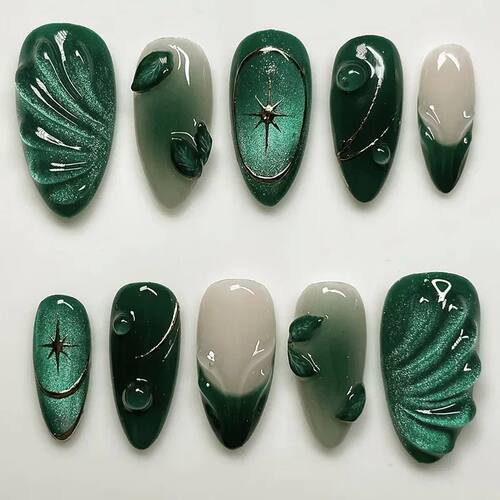 24Pcs 3D Green Ripple Design False Nails Cat's Eye French Al