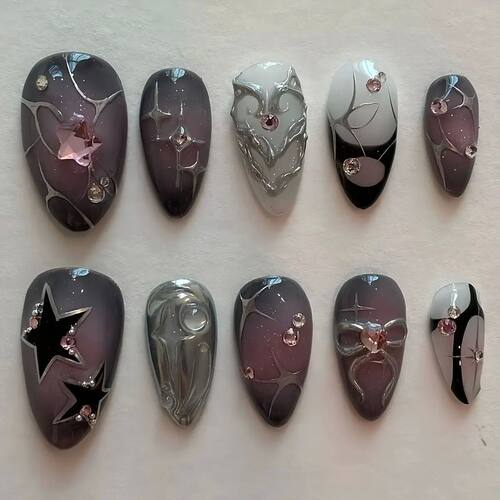 10pcs Dark Purple Fake Nails 3d Diamond Design Handmade Pres