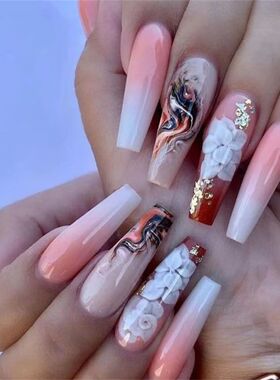 24Pcs Marble Gradient Long Coffin False Nails Full Cover Nai