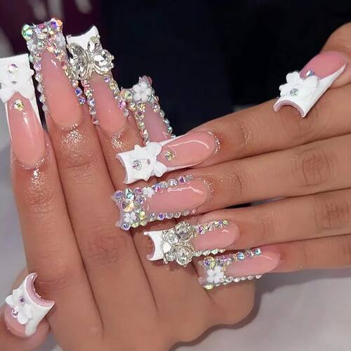 24Pcs Long French Fake Nails with Glue Ballet False Nails Bu