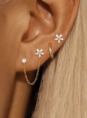 3PCS Stainless Steel Zircon Flower Star Ear Stud Earrings Se