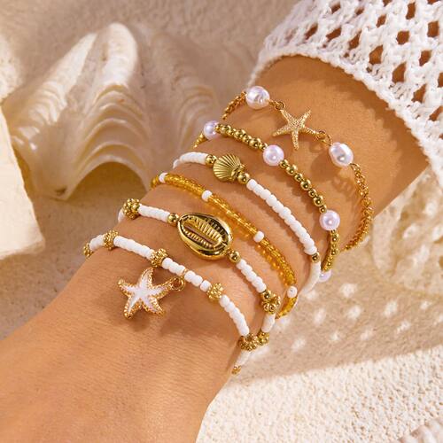 6 Pcs Bohemian Shell Starfish Beaded Bracelet Set for Women