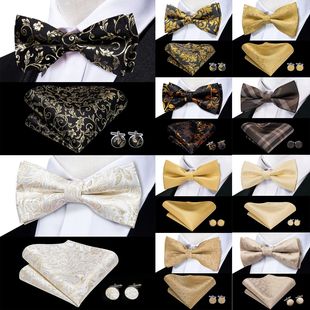 Tie Gold Set Cufflinks Hanky Bow Mens Silk Champagne Beige