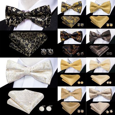 Beige Champagne Gold Silk Mens Bow Tie Hanky Cufflinks Set J