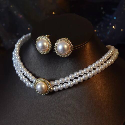 Women Elegant Pearl Double Layers Necklace Earrings Exquisit