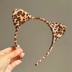 Plush Cat Ears Headband Vintage Leopard Print Hair Hoops Cut
