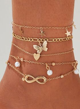 5 Pcs Exquisite Metal Butterfly Star Heart Pendant Anklets S