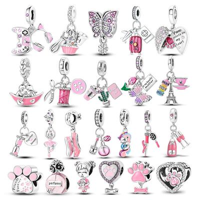 925 Silver Pink Series Charms Pendant Lovely Dangle Pink Per