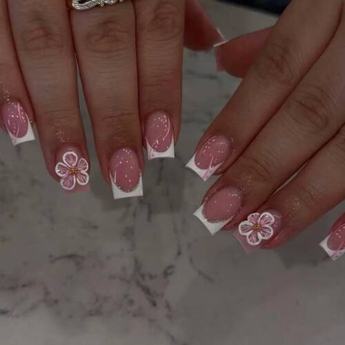 Fashion French 3D White Flowers Short Square Nail Art Summer