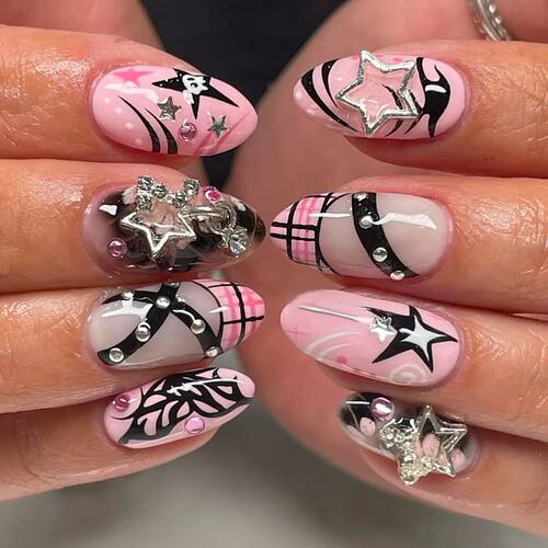 24pcs Sweet Cool False Nails Pink Glossy Pink Almond French