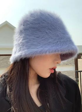 Hat winter women's fashion Solid color rabbit fur hat bucket