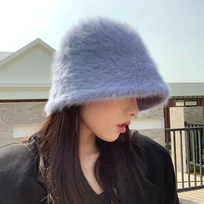 Hat winter women's fashion Solid color rabbit fur hat bucket