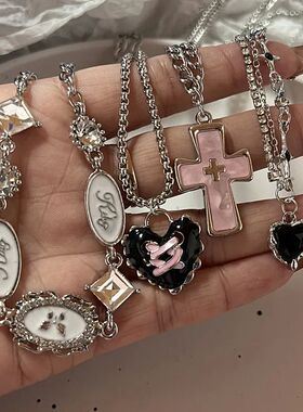 Punk Love Heart Rhinestones Gothic Titanium Steel Necklace F