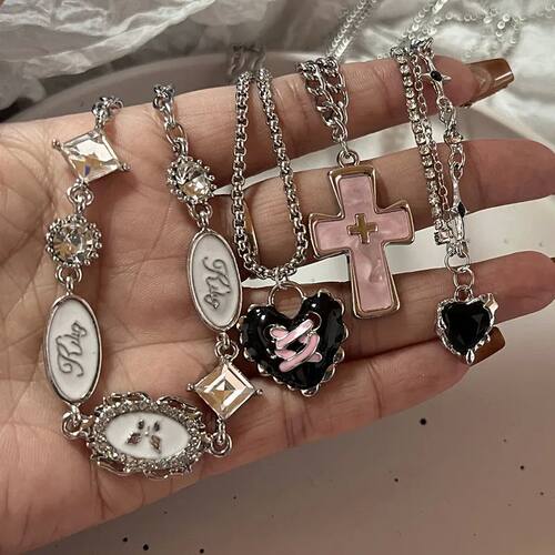 Punk Love Heart Rhinestones Gothic Titanium Steel Necklace F