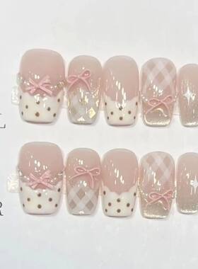 10Pcs Sweet Mid-length Ballet False Nails ArtPink Cat Eye Lo