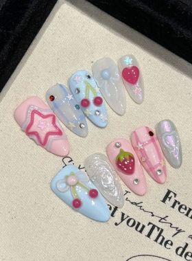 Handmade Press on Nails Ins Sweet Pink Blue Color Fake Nails