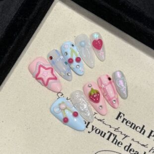 Handmade Press on Nails Ins Sweet Pink Blue Color Fake Nails
