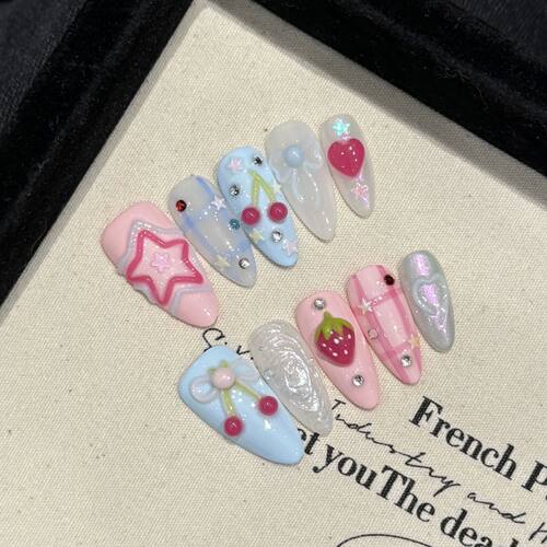 Handmade Press on Nails Ins Sweet Pink Blue Color Fake Nails