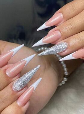 Women Summer Nails Long Stiletto Pink White Color Blocking F