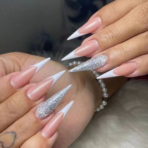 Women Summer Nails Long Stiletto Pink White Color Blocking F