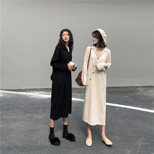 针织连衣裙女气质显瘦长款 2019秋韩版 斜纽扣V领宽松纯色慵懒长袖