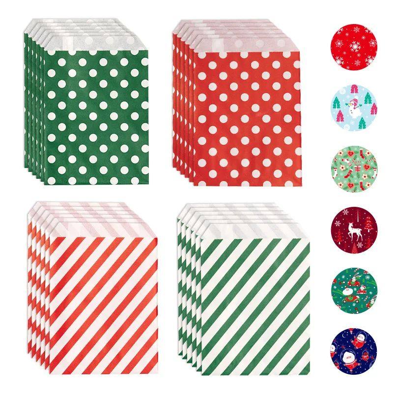 24Pcs Christmas Paper Treat Bags Polka Dot Striped Pattern C